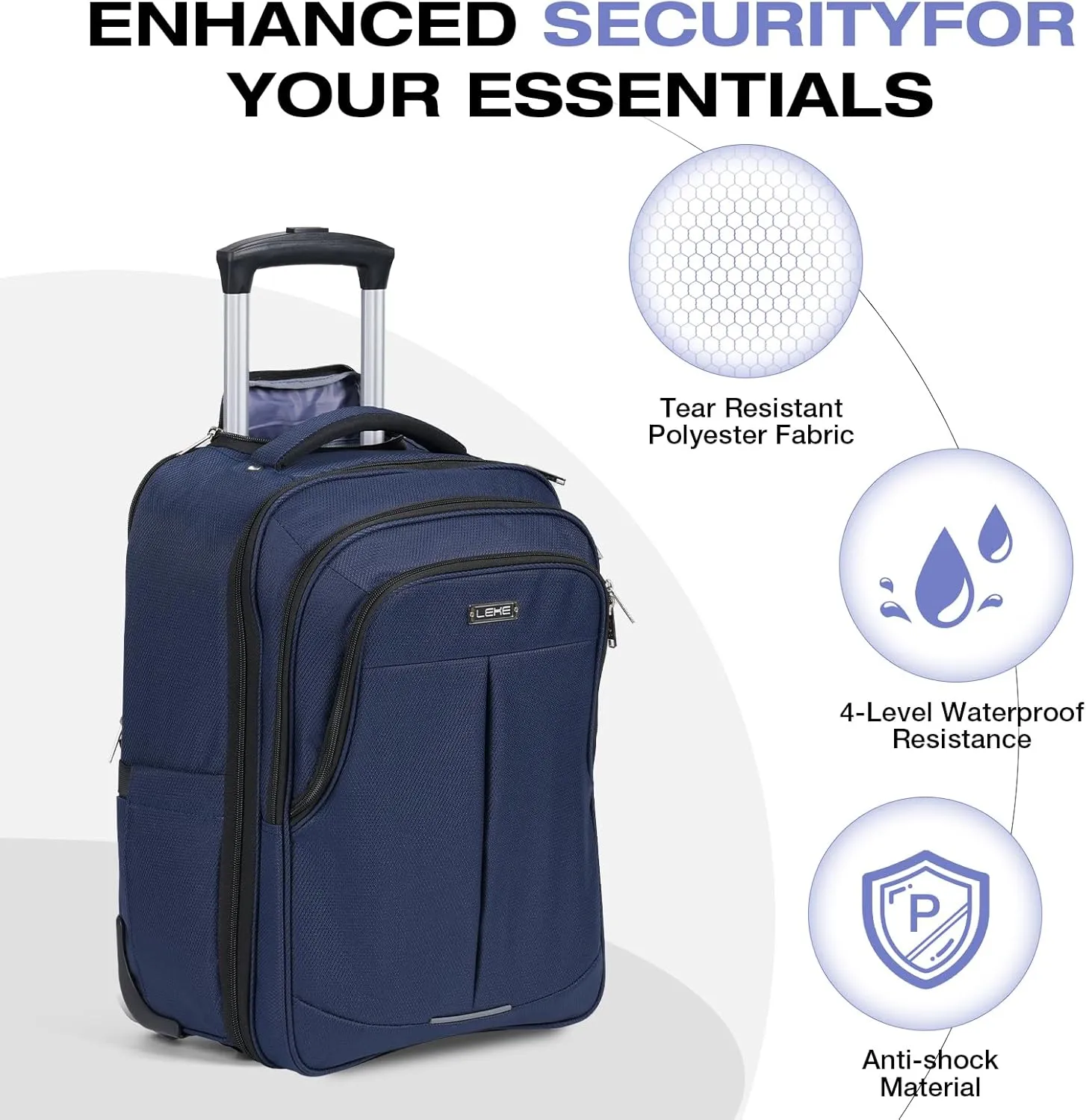 Rolling Backpack for Adults,17 Inch Waterproof Carry-on Backpack with Wheels, Wheeled Backpack Carry-on Luggage, Travel Backpack for Men Women Trolley Laptop Backpack Navy Blue Medium