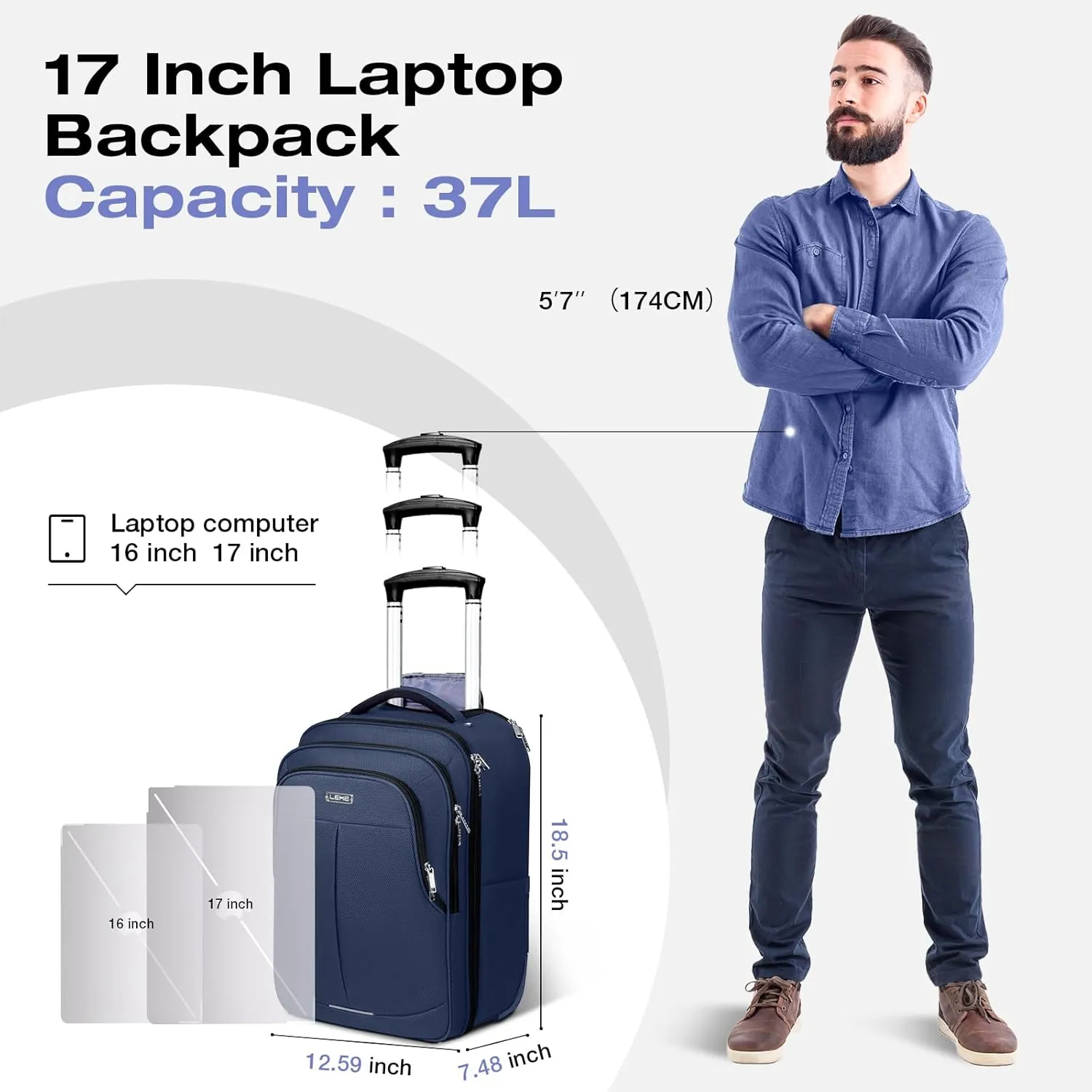 Rolling Backpack for Adults,17 Inch Waterproof Carry-on Backpack with Wheels, Wheeled Backpack Carry-on Luggage, Travel Backpack for Men Women Trolley Laptop Backpack Navy Blue Medium