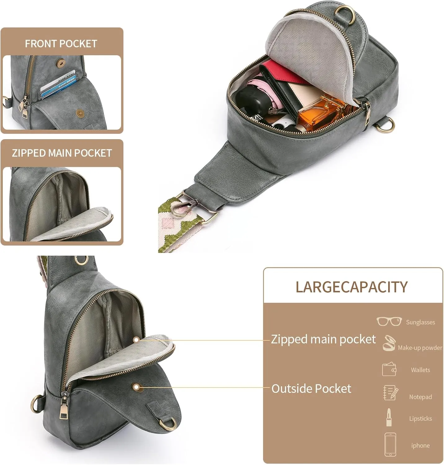 Small Sling Bag for Women Leather Fanny Pack Crossbody Chest Bag with Guitar Strap