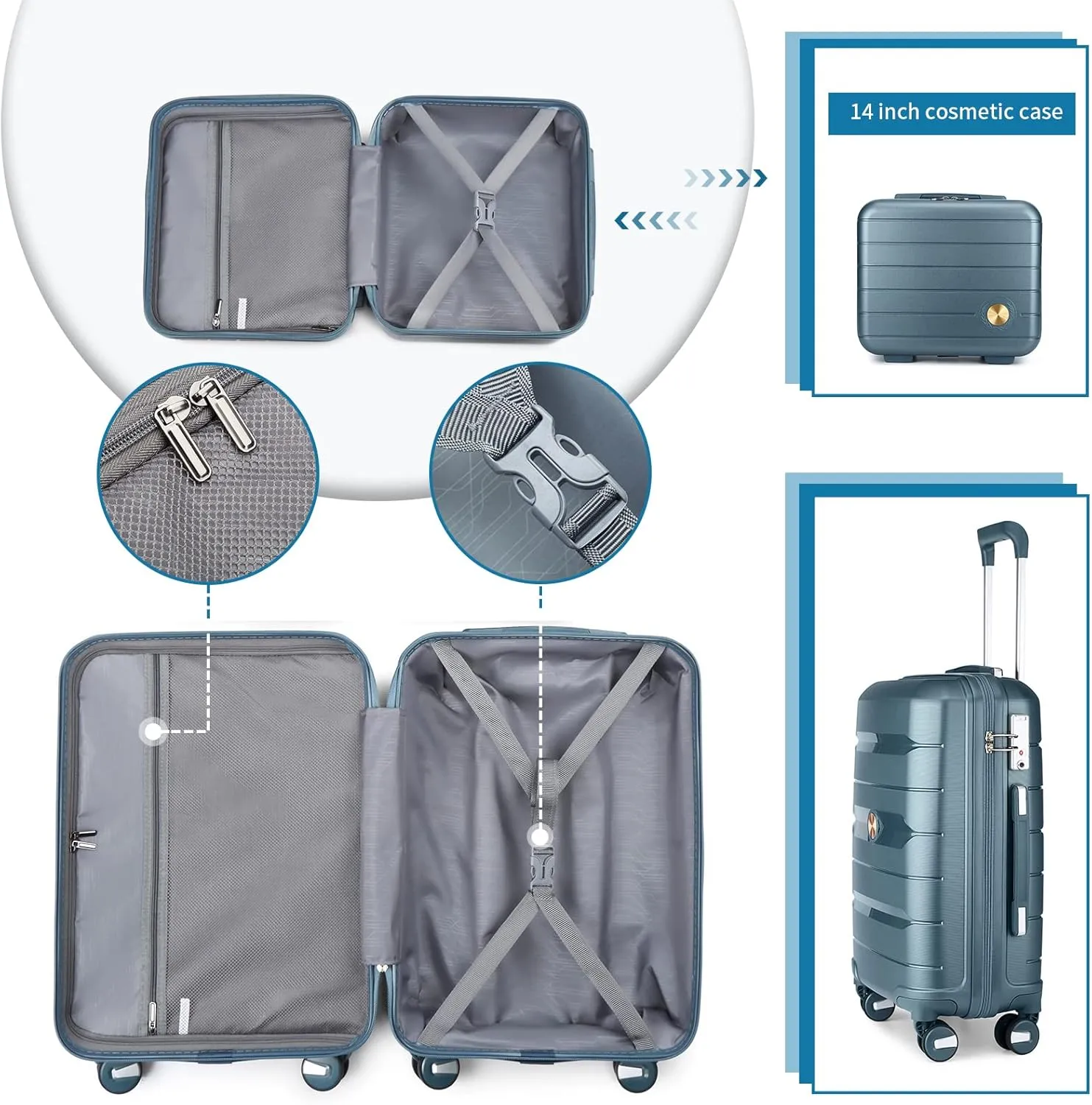 Somago 20" Carry On Luggage and 14" Mini Cosmetic Cases Travel Set Lightweight Polypropylene Suitcase with TSA Lock YKK Zipper Hardside Luggage with Spinner Wheels (2 Piece Set, Ice Blue)