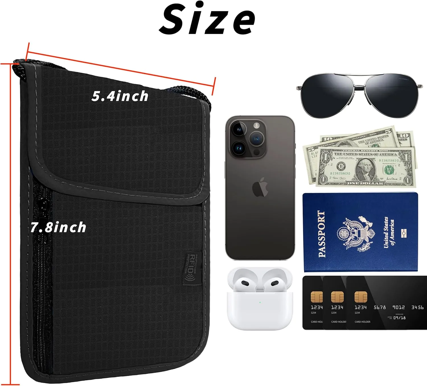 Travel Neck Wallet with RFID Blocking  Passport Holder Organizer Neck Pouch  Portable Easy to Conceal Travel Pouch (Black)