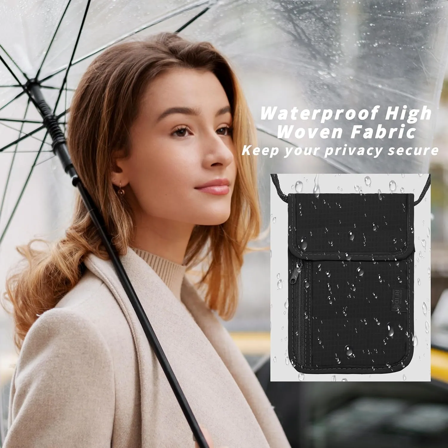 Travel Neck Wallet with RFID Blocking  Passport Holder Organizer Neck Pouch  Portable Easy to Conceal Travel Pouch (Black)