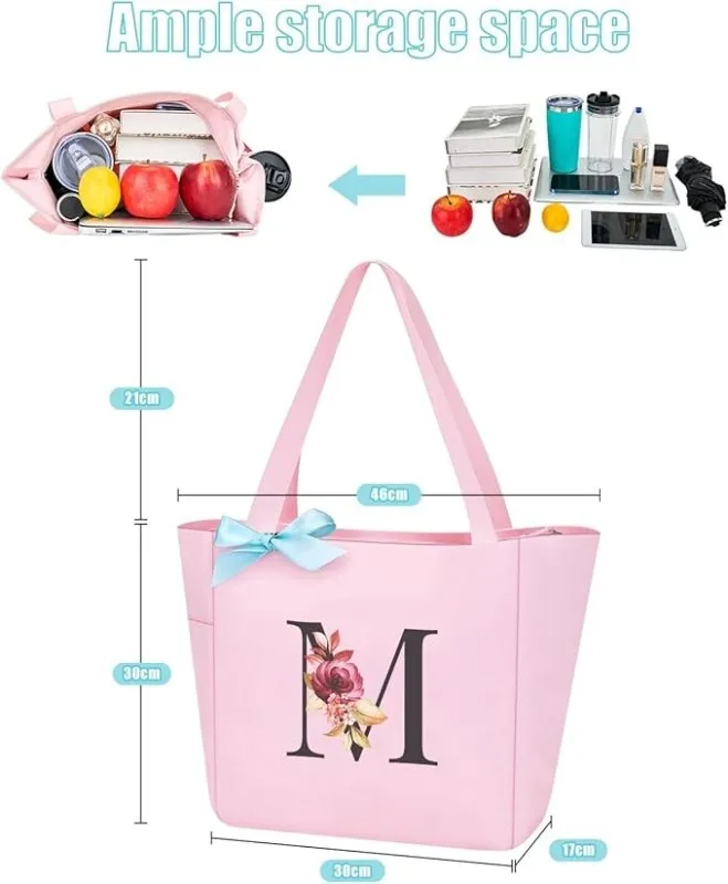 Vavabox A-Z Initial Personalized Tote Bag,Waterproof Gifts for Women, Bridesmaids,Mom,Teachers,Friends