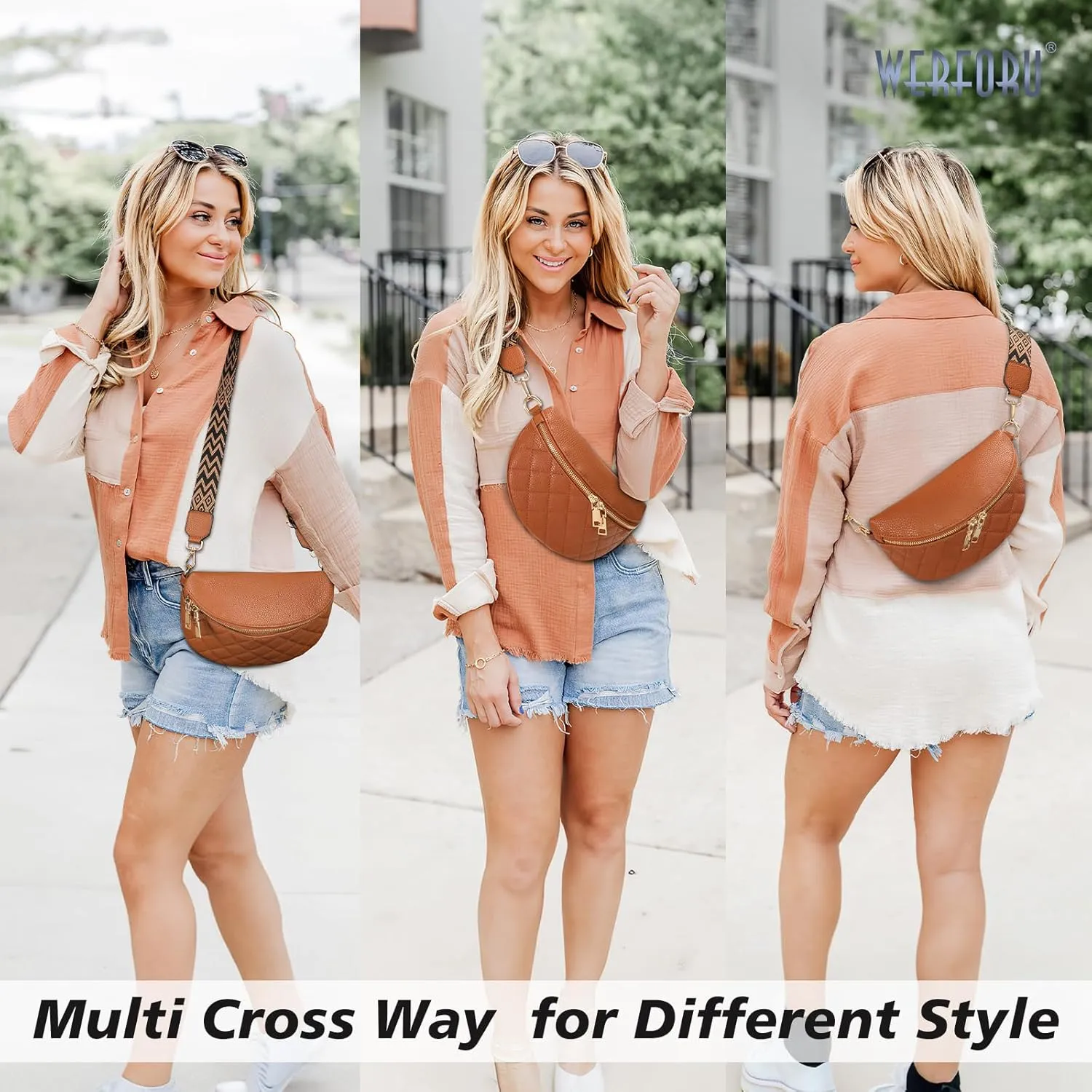 WERFORU Small Crossbody Sling Bag for Women Fanny Packs Faux Leather Chest Bag for Travel