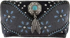Western Feather Tooled Leather Floral Laser Cut Flower Purse Studs Single Shoulder Bag Clutch Women Trifold Wristlets Wallet (Black)